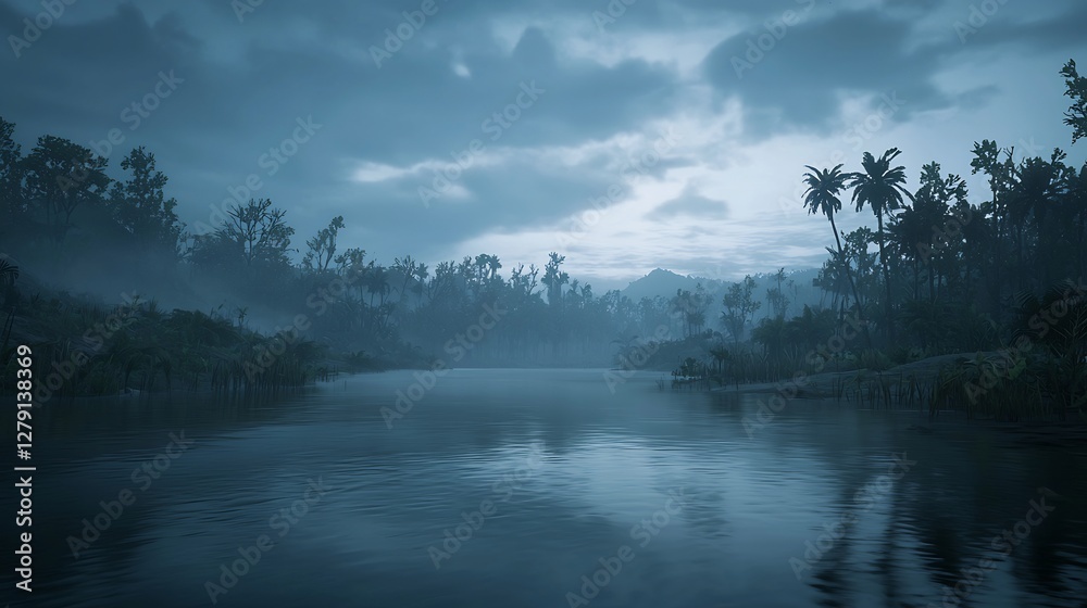 Ethereal tropical lagoon scene under moody overcast sky creating tranquility Ethereal tropical lagoon scene under moody overcast sky creating tranquility