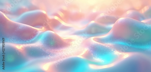 Iridescent melted plastic texture background. Shiny holo surface with glistering pink, blue, gold highlights. Abstract pearl waves. Translucent colorful balloon elastic molded futuristic background.