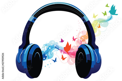 Create a surreal vector illustration of headphones emitting vibrant sound waves, incorporating abstract shapes and bold colors.  Focus on a captivating, otherworldly aesthetic.