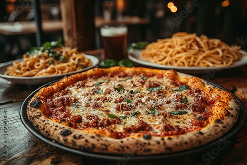 Wallpaper Mural Rustic Italian feast: savor a freshly baked pizza with spaghetti on a dark wooden table for an inviting classic dining experience Torontodigital.ca