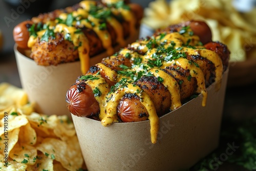 Gourmet hotdogs drizzled with savory sauce served with crispy chips in artisanal paper containers A delicious and indulgent treat! photo