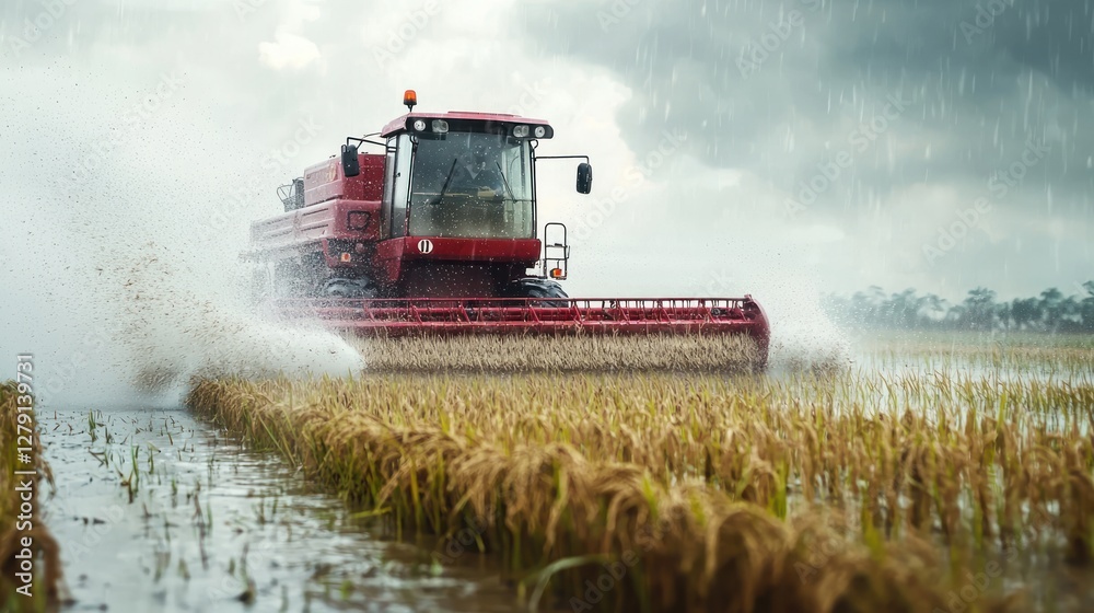 Fototapeta premium Harvesting Rice in the Rain: A Dramatic Scene of Agriculture