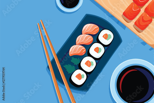 Design a vibrant vector banner showcasing an appetizing arrangement of sushi and sashimi.  Emphasize freshness and quality.
