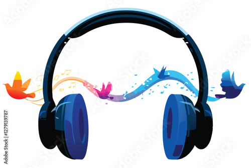 Create a surreal vector illustration of headphones emitting vibrant, swirling sound waves, incorporating abstract shapes and bold colors.