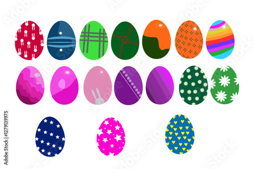 Set of seventeen Easter eggs. Easter set of shades of pink and red, dark blue, light green, green, orange-green, orange, purple, blue colors