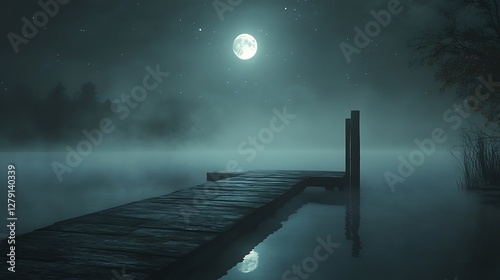 Wallpaper Mural Misty night scene with wooden dock on calm lake under full moon. Torontodigital.ca