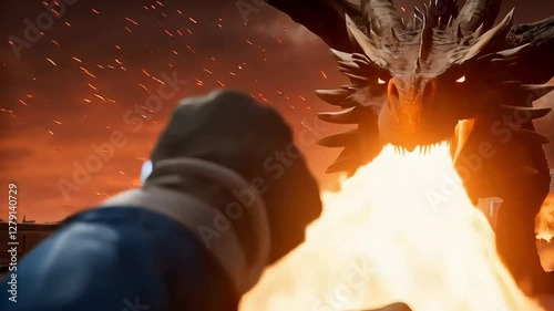 Man facing a fire breathing dragon in a burning city