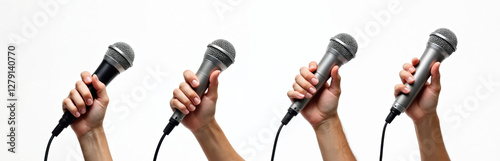 People holding different microphones in hands on white background. Audio equipment closeup, radio mic for media, speech, broadcast, interview, congress, news. Pro device for sound recording, talk,