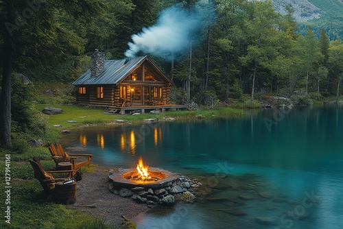 Cabin Retreat: Cozy log cabin nestled by a serene lake campfire glowing in the twilight beckoning relaxation and peaceful escape