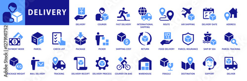 Delivery service icon set. With concepts like Address, Delivery Date, Tracking, Air Shipping, Route, International Shipping and courier. Shipping and Logistic symbols. Solid icons vector collection