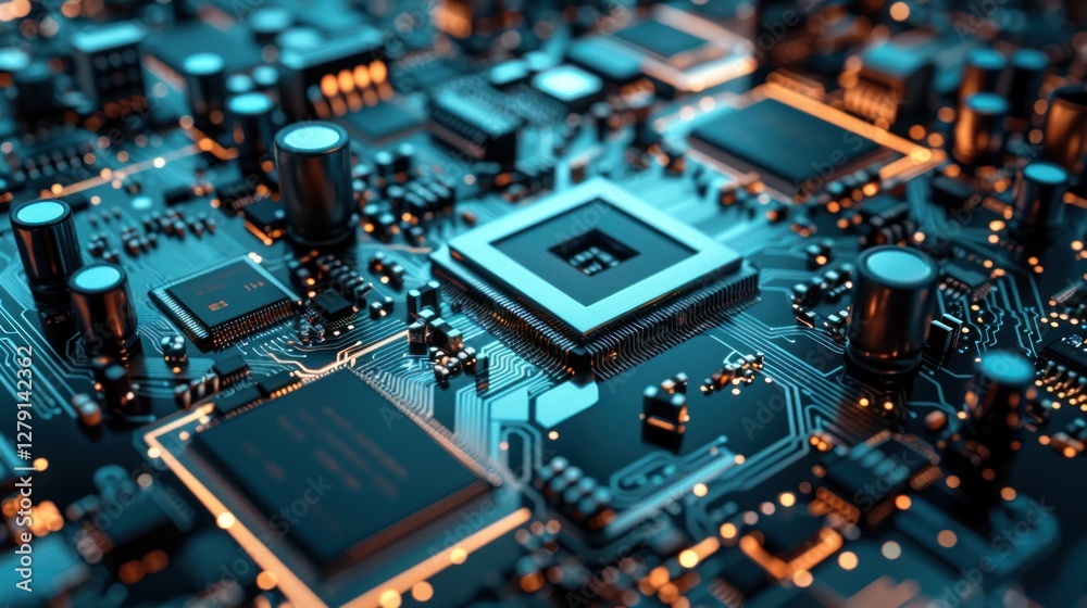 Close-up Circuit Board with Processor, Technology Background Close-up Circuit Board with Processor, Technology Background