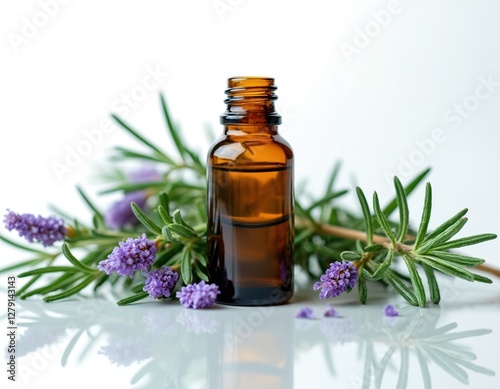 Rosemary essential oil in amber bottle surrounded by rosemary sprigs, flowers on white reflective surface. Herbal essence, natural cosmetic ingredient, aromatherapy treatment, alternative medicine.