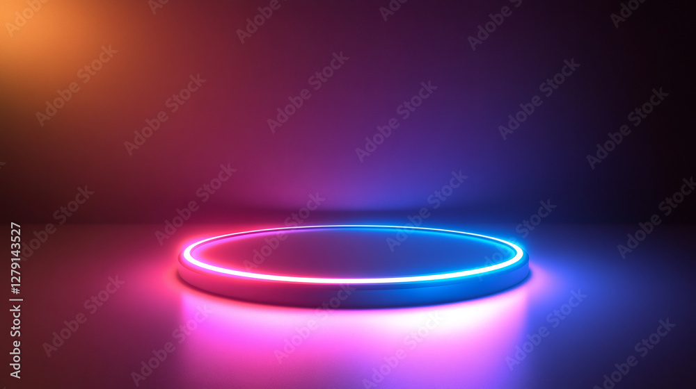 Obraz premium Round white podium illuminated by a blue and pink neon light on a reflective surface, perfect for showcasing products