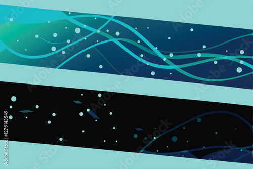 Design a vibrant vector banner featuring abstract, flowing lines interwoven with glowing, luminous dots; create a futuristic, energetic feel.