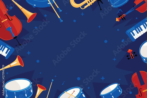 Create a vibrant vector collage featuring a diverse array of percussion instruments, including drums, bongos, congas, timbales, and tambourines, arranged aesthetically.