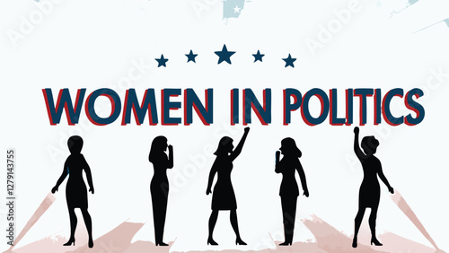 Create a vibrant vector illustration showcasing diverse women in various political roles, emphasizing empowerment and leadership.  Include symbolic imagery representing political action.