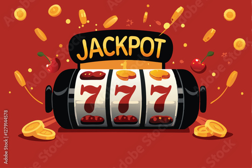 Create a vibrant vector illustration of a classic slot machine with a gleaming coin dropping into the payout slot.  Focus on crisp lines and bold colors.