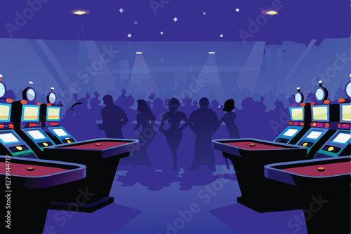Create a vibrant vector illustration of a bustling casino floor, showcasing glowing gaming tables, slot machines, and a lively atmosphere.  Include realistic details.