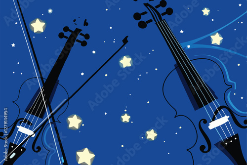 Create a vibrant vector illustration of a symphony orchestra featuring violins as the focal point,  bathed in a warm, glowing golden light.  Emphasis on detail and rich color.