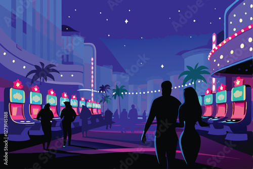 Photography Generate a vibrant, detailed image of a Las Vegas-style casino street at night, showcasing bright neon signs, bustling crowds, and iconic architecture