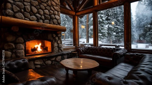 living room with fireplace and panoramic windows snow is falling outside