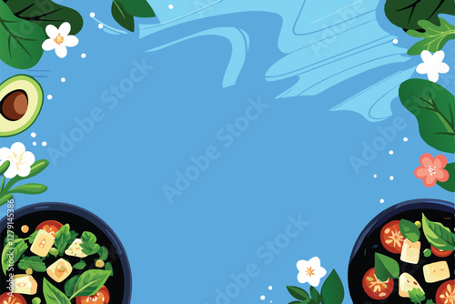 Create a vibrant vector banner showcasing a delicious vegetarian meal featuring prominently sliced avocados and other fresh vegetables.  Design should be appealing for online use.
