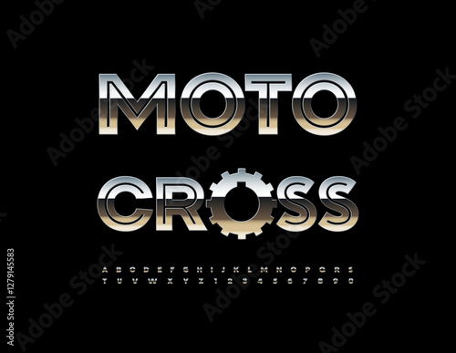 Vector Steel emblem Moto Cross with Metallic Сogwheel. Reflective Silver Font. Glossy Crome Alphabet Letters and Numbers set.