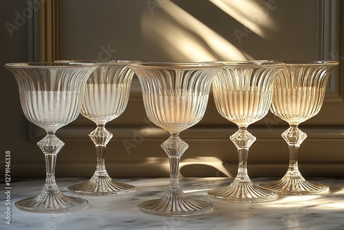 Elegant crystal glassware lined up on marble surface basking in soft sunlight creating a warm inviting atmosphere Vintage charm meets luxury