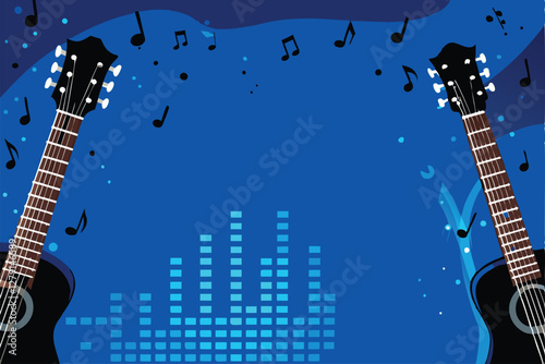 Create a vibrant vector background featuring a dynamic scattering of colorful musical notes, exhibiting a playful and energetic mood.  Guitars subtly incorporated.