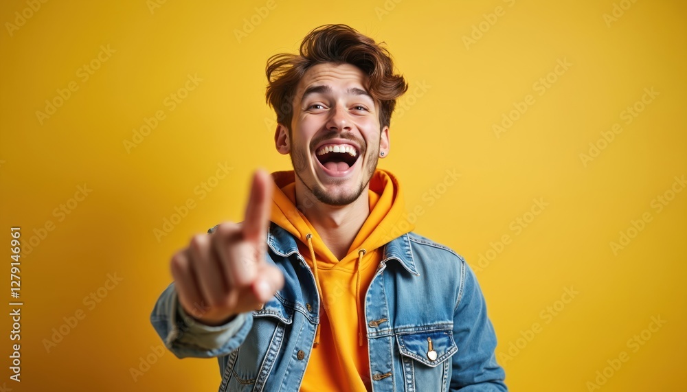 Teen stylish man in denim jacket pointing finger. Laughing, taunting making fun of ridiculous appearance, joke. Guy posing on yellow studio wall background. Index finger points camera. Teen stylish man in denim jacket pointing finger. Laughing, taunting making fun of ridiculous appearance, joke. Guy posing on yellow studio wall background. Index finger points camera.