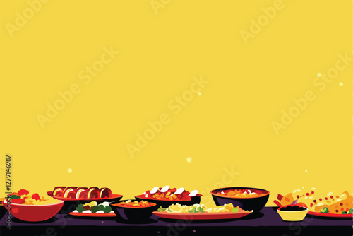 Design a vibrant vector banner showcasing a lavish buffet table laden with diverse, appetizing food items.  Include realistic textures and bright colors.