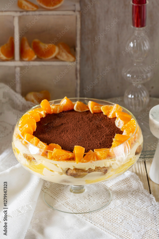 Tiramisu dessert with mascarpone cream and lemon-mandarin curd.