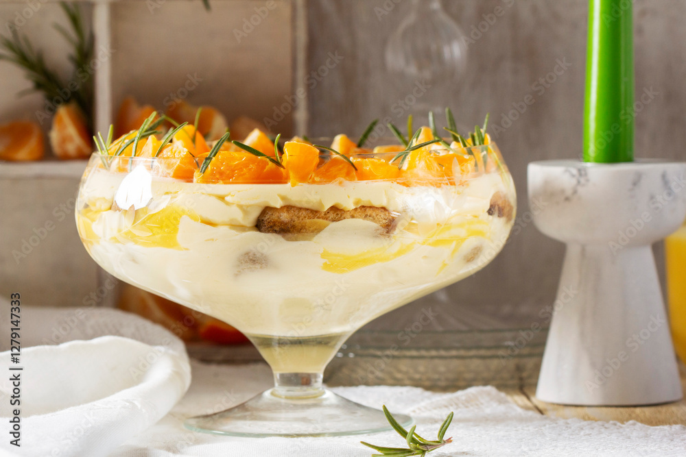 Tiramisu dessert with mascarpone cream and lemon-mandarin curd.