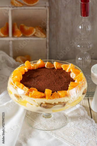 Obraz na płótnie Tiramisu dessert with mascarpone cream and lemon-mandarin curd. w salonie