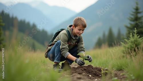 Boy Planting Sapling in Mountainous Landscape