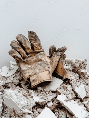 Work gloves resting on debris after construction, showcasing wear and tear, symbolizing labor and effort in renovation projects, construction safety concept photo