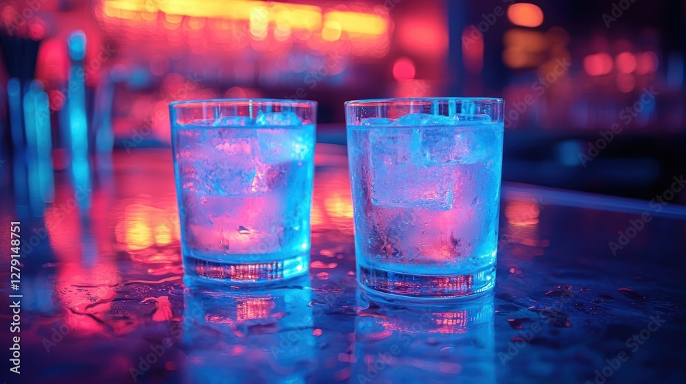 Two Glasses Of Ice Water In A Neon Lit Bar Two Glasses Of Ice Water In A Neon Lit Bar