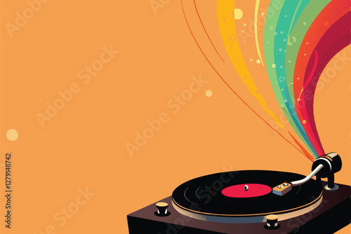 A vintage vinyl record player with vibrant, colorful sound waves emanating from the turntable, showcasing retro style and audio technology.