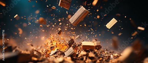Dynamic wood explosion with glowing sparks.