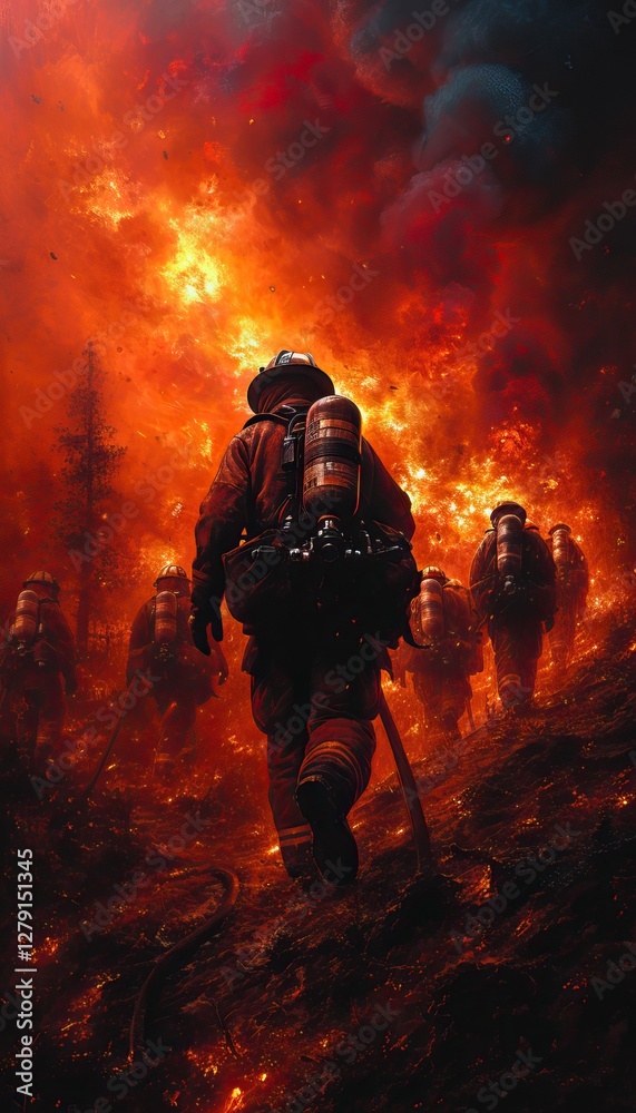 A brave firefighter in action, fighting against overwhelming flames A brave firefighter in action, fighting against overwhelming flames