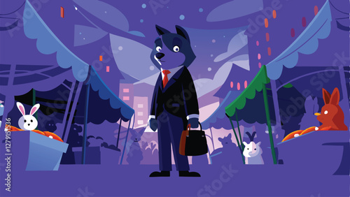 A shrewd wolf entrepreneur, smartly dressed, confidently sells handcrafted goods to a diverse group of admiring animals at a bustling outdoor market.