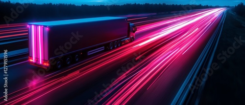 Vibrant truck on a highway at night.