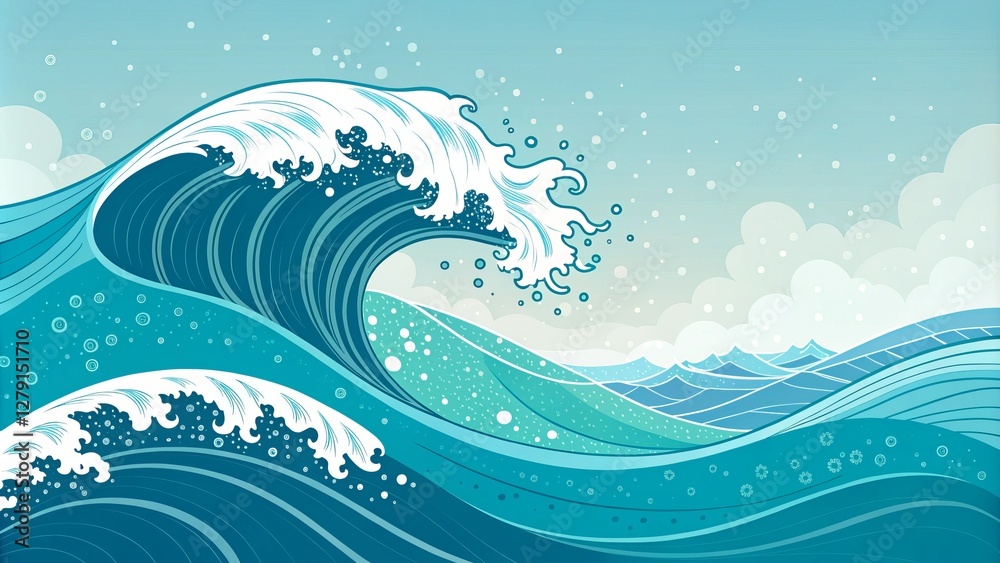Ocean Wave Illustration Teal and White Design, Art, Japanese Wave Concept, Sea, Water Ocean, Wave Ocean Wave Illustration Teal and White Design, Art, Japanese Wave Concept, Sea, Water Ocean, Wave