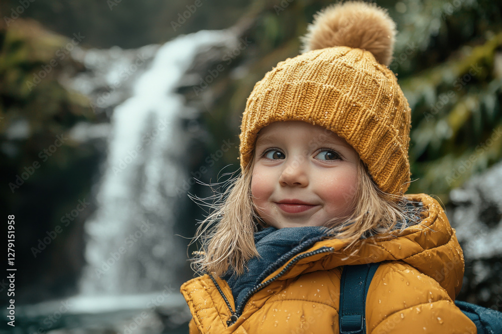 Cheerful child in warm winter attire smiles at a beautiful waterfall surrounded by lush greenery during a chilly outdoor adventure Cheerful child in warm winter attire smiles at a beautiful waterfall surrounded by lush greenery during a chilly outdoor adventure