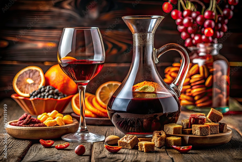 Obraz premium Decanter Red Wine Snacks Candy Orange Macro Still Life