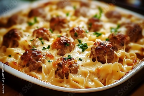 there is a casserole dish with meatballs and noodles