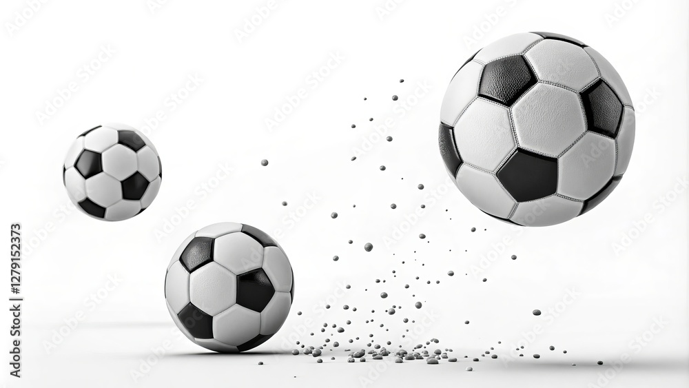 Obraz premium Three Soccer Balls Impact, Particle Dispersion, 3D Render, Sports, Football Soccer Ball, 3D Rendering