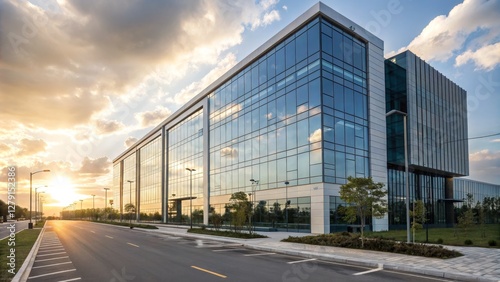 Sunset Corporate Building Glass Facade, Wide Angle Composition, Modern Architecture, Office Park. Commercial Real Estate, Architecture Photography