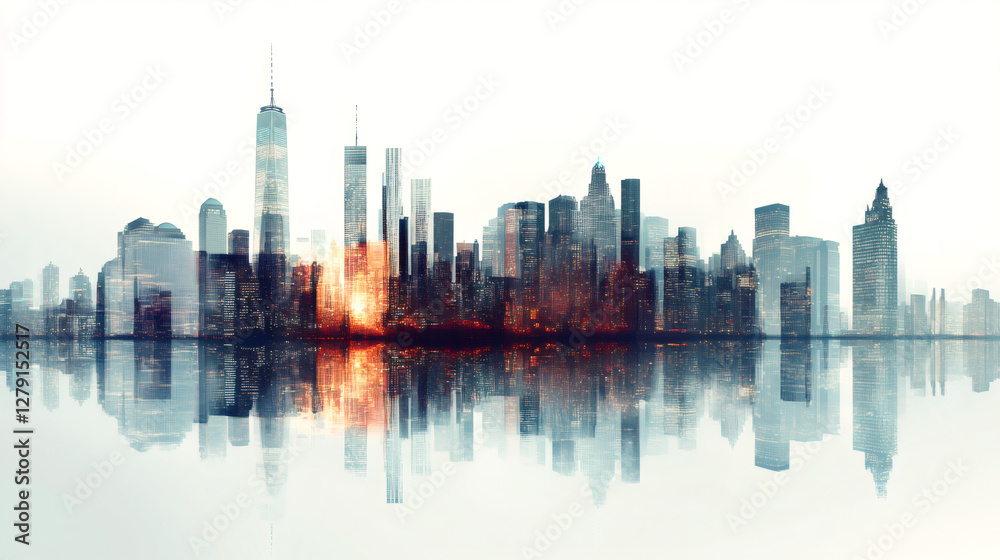 Obraz premium Glowing Manhattan skyscrapers reflecting on calm waters, luminous sunset casting dramatic light across iconic cityscape