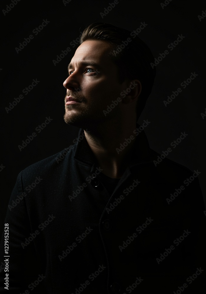 Fototapeta premium A man in a black coat gazes upwards into dramatic lighting, with shadows highlighting his face against a dark, moody background.
